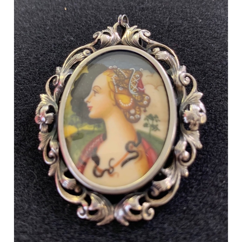 Vintage 1930s 800 Silver Simonetta Vespucci Portrait Brooch Pendant Convertible